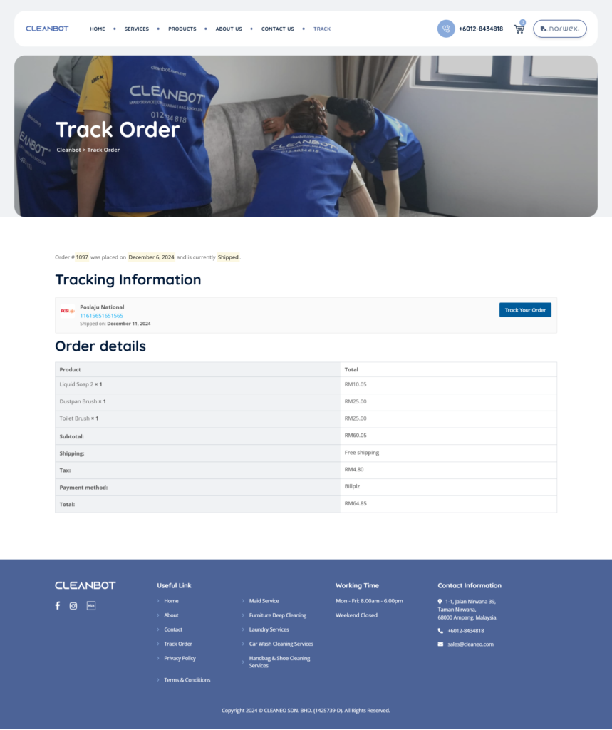 Cleanbot Track Order Page Web Development
